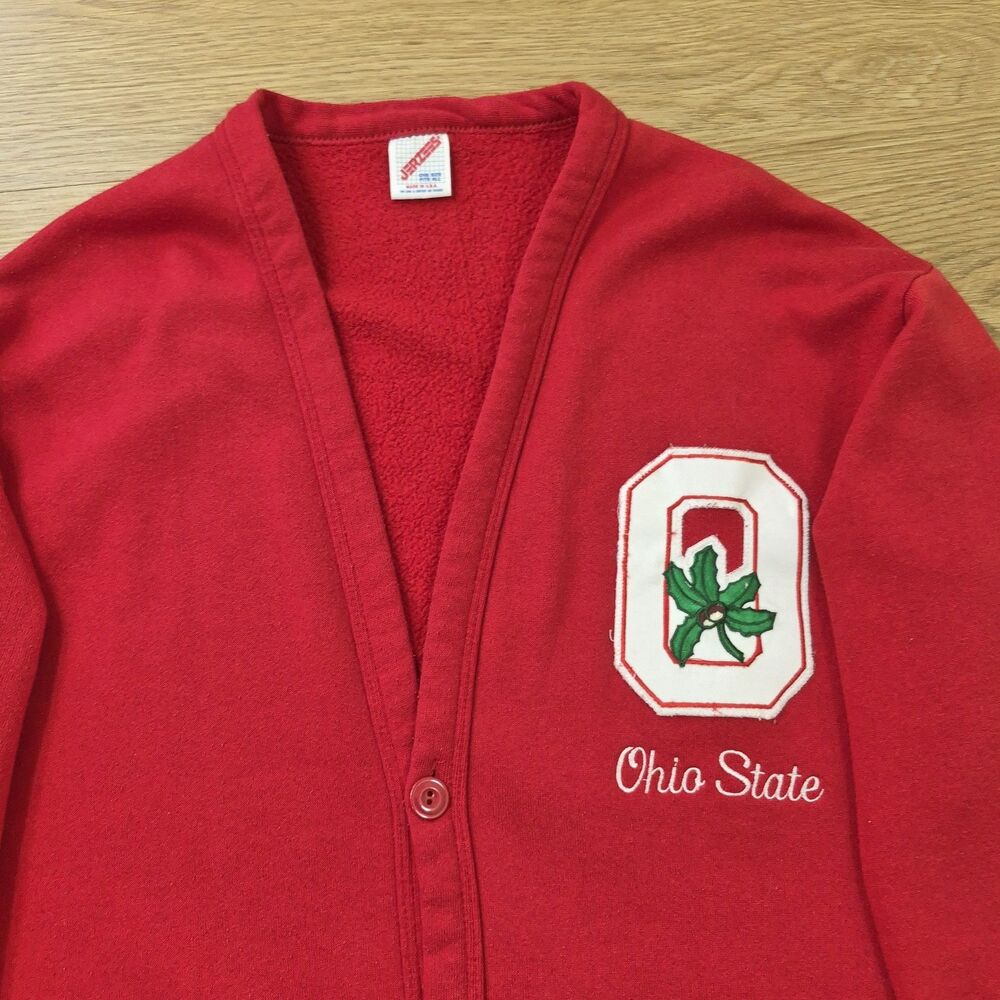 Vtg 90s Jerzees Red Cardigan Sweatshirt USA One Size Ohio State Buckeyes Patch
